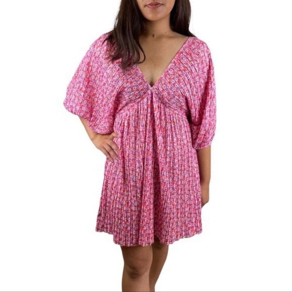 Zara Micro Floral Balloon Sleeve V-Neck Pink Mini Dress Women’s Medium